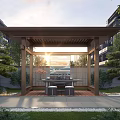 Courtyard Garden with Wooden Pavilion Table Stools Sunset View Lush Green Trees and Paved Patio