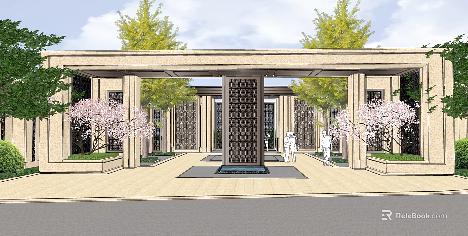 Elegant Chinese Style Gate With Carved Grille Surrounded By Cherry Ginkgo Trees And Stone Path 3d model 