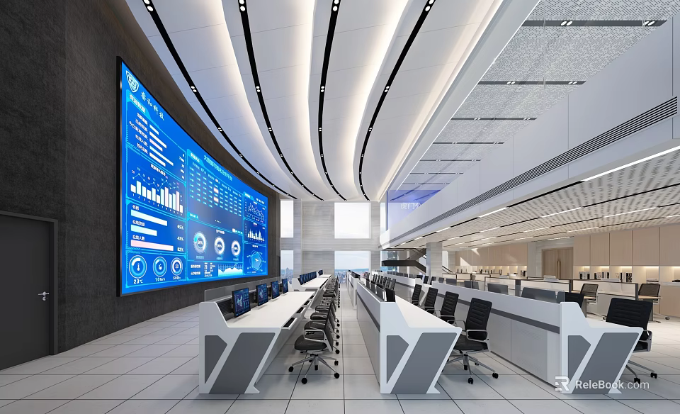 Modern Control Room Interior With Large Digital Screens Data Charts And Control Desks 3d model 