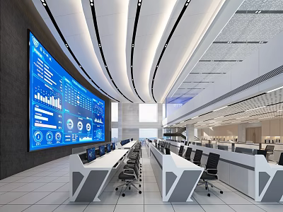 Modern Control Room Interior With Large Digital Screens Data Charts And Control Desks 3d model