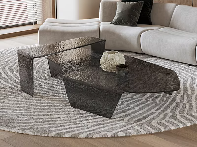 Modern Black Metal Coffee Tables With Textured Surface In Living Room With Sofa And Carpet 3d model