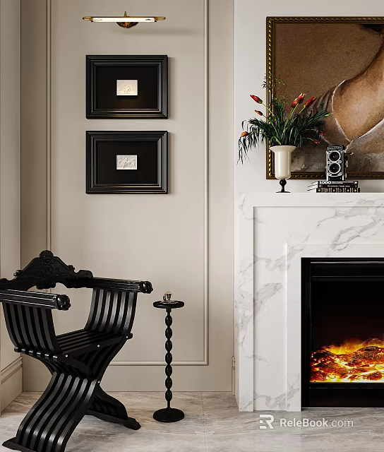 Elegant Black Lounge Chair With Marble Fireplace And Decorative Wall Art 3d model 
