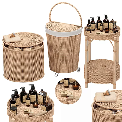 Wicker Bathroom Accessories with Storage Baskets Rolling Bin and Shelf for Toiletries and Towels 3d model