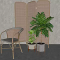 Rattan Leisure Chair with Woven Armrest and Backrest near Rattan Screen and Green Plants in Modern Indoor Space