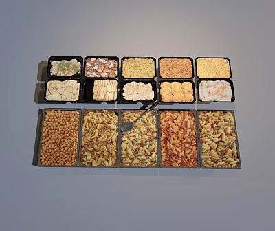 Variety of Assorted Food Snacks Served in Black and Rectangular Trays 3d model