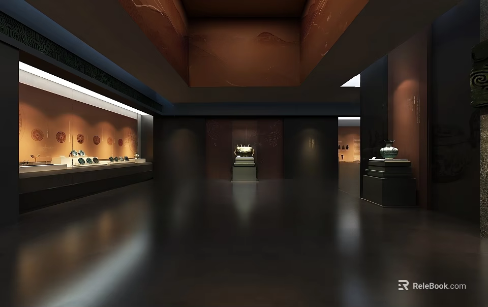 Cultural Center Exhibition Interior Design With Display Cases Ancient Relics And Decorative Ceiling 3d model 