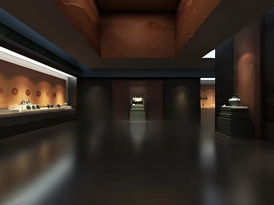 Cultural Center Exhibition Interior Design With Display Cases Ancient Relics And Decorative Ceiling 3d model