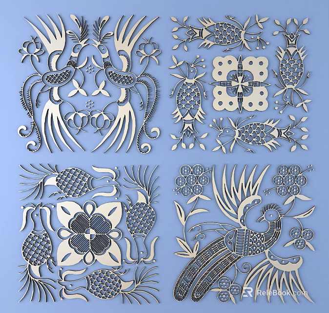 Intricate Artistic Carvings Featuring Phoenix Birds Flowers And Geometric Patterns 3d model 
