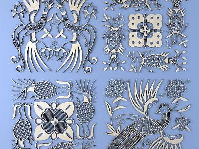 Intricate Artistic Carvings Featuring Phoenix Birds Flowers And Geometric Patterns 3d model