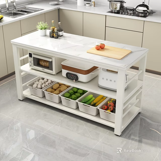 Modern White Kitchen Cabinets With Island Countertop And Vegetable Fruit Storage Baskets 3d model