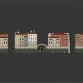 Colorful Traditional Building Complex With Red Roofs And Stone Bridge Design