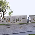 Landscape Wall Design With Decorative Square Blocks Green Tree And Paved Ground 3d model