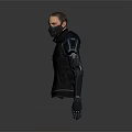 Human Character In Black Hooded Jacket With Black Mask And Mechanical Arm With Blue Details