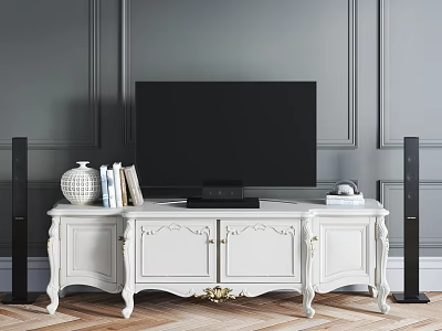 White Carved European Style TV Stand With TV Speakers And Decorations On Gray Walls 3d model