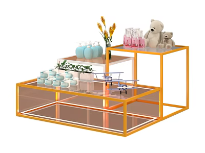 Modern Multilayer Display Shelf With Orange Frame Bottles Teddy Bear And Flowers 3d model