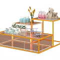 Modern Multilayer Display Shelf With Orange Frame Bottles Teddy Bear And Flowers