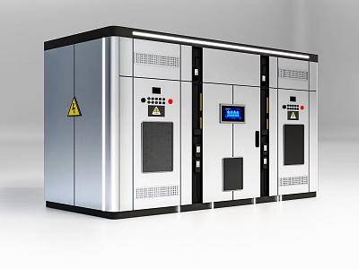 Public Facility Equipment Cabinet with Digital Display Control Panels Warning Signs and Silver Black Exterior 3d model