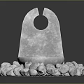 Gray Stone Sculptural Structure With Central Hole Circular Disk And Surrounding Pebbles