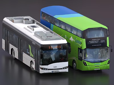 White Single Decker and Green Double Decker Buses with Modern Exterior Design 3d model