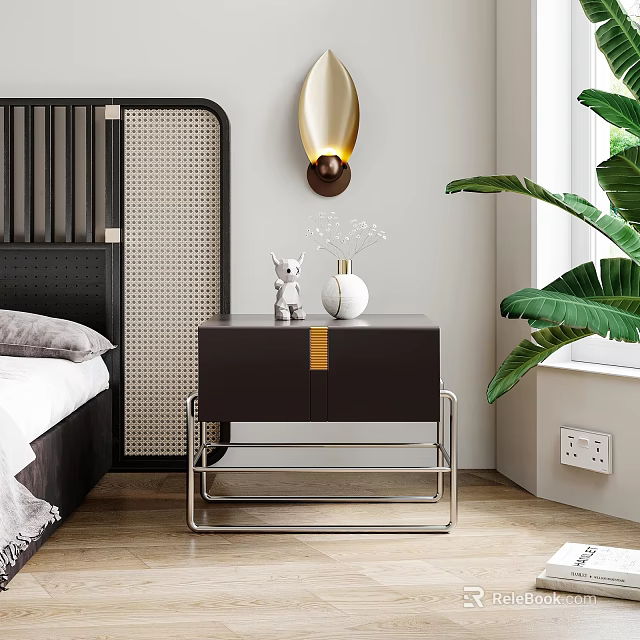 Modern Bedroom Nightstand With Black Cabinet Metal Frame Small Statue Vase Decorative Lamp And Plant 3d model 
