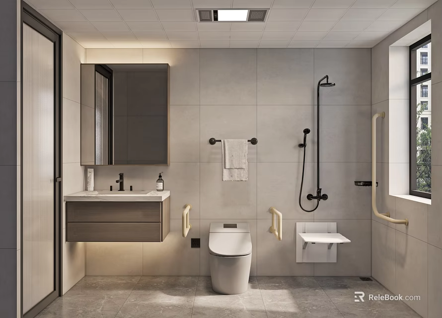 Modern Bathroom Interior With Grey Tiled Walls Vanity Sink Mirror Toilet Grab Bars And Window 3d model 
