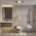 Modern Bathroom Interior With Grey Tiled Walls Vanity Sink Mirror Toilet Grab Bars And Window