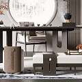 Chinese Style Tea Table and Chairs With Circular Decorative Mirror and Tea Sets on Shelves 3d model