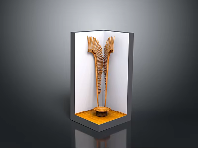 Decorative Feather Like Home Living Accessories In Wooden Display Case With Small Basket 3d model