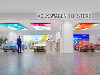 Volkswagen ID Store Interior With Multiple Displayed Vehicles And Modern Screens 3d model