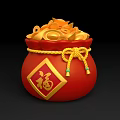 Three Red Fortune Bags Filled With Gold Coins Featuring Chinese Fu Characters And Scattered Coins