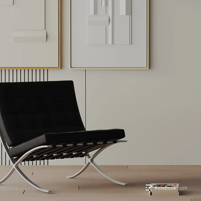 Black Upholstered Leisure Chair With Metal Frame In Modern Room Against Wall With Framed Artworks 3d model 