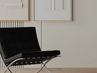 Black Upholstered Leisure Chair With Metal Frame In Modern Room Against Wall With Framed Artworks 3d model