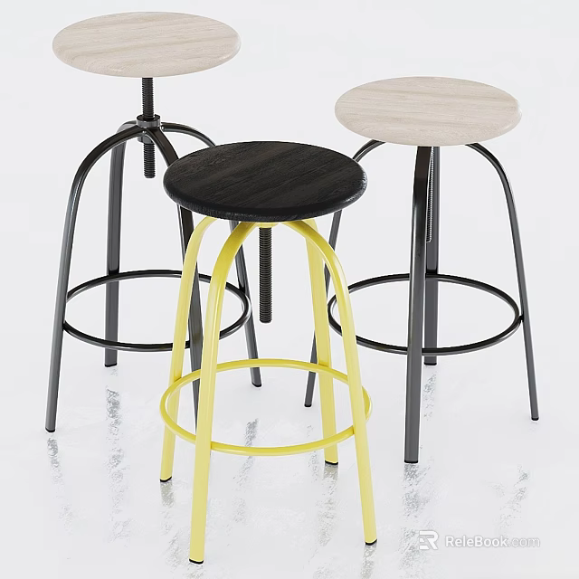 Modern Design Bar Stools With Round Wooden Seats And Colored Metal Legs 3d model 