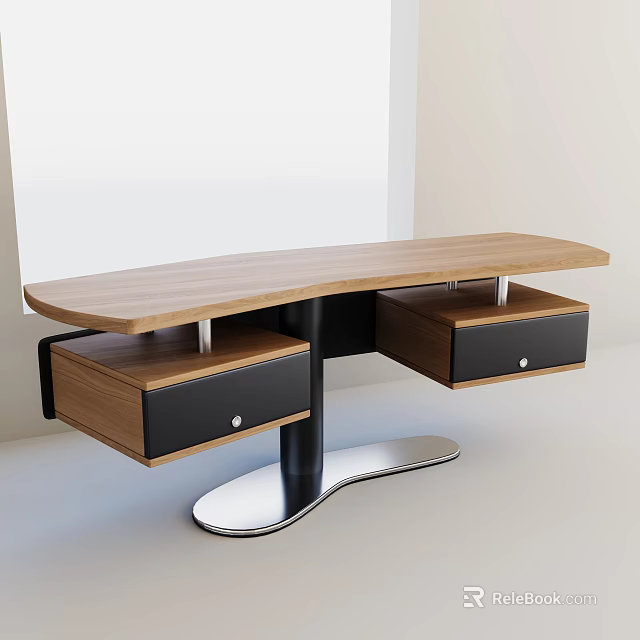 Modern Office Desk With Curved Wooden Top Black Drawers Silver Metal Frame Sleek Base 3d model 