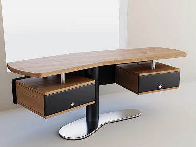 Modern Office Desk With Curved Wooden Top Black Drawers Silver Metal Frame Sleek Base 3d model