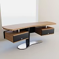 Modern Office Desk With Curved Wooden Top Black Drawers Silver Metal Frame Sleek Base