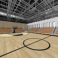 Modern Basketball Gymnasium Interior With Wooden Flooring Metal Ceiling And Orange Seats