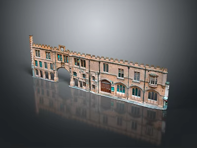 Ancient European Style Building With Arched Door Brick Red Exterior And Reflection On Gray Background 3d model