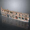Ancient European Style Building With Arched Door Brick Red Exterior And Reflection On Gray Background