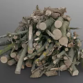 Natural Wood Logs and Tree Branches Stacked in Pile with Cut Timber Pieces