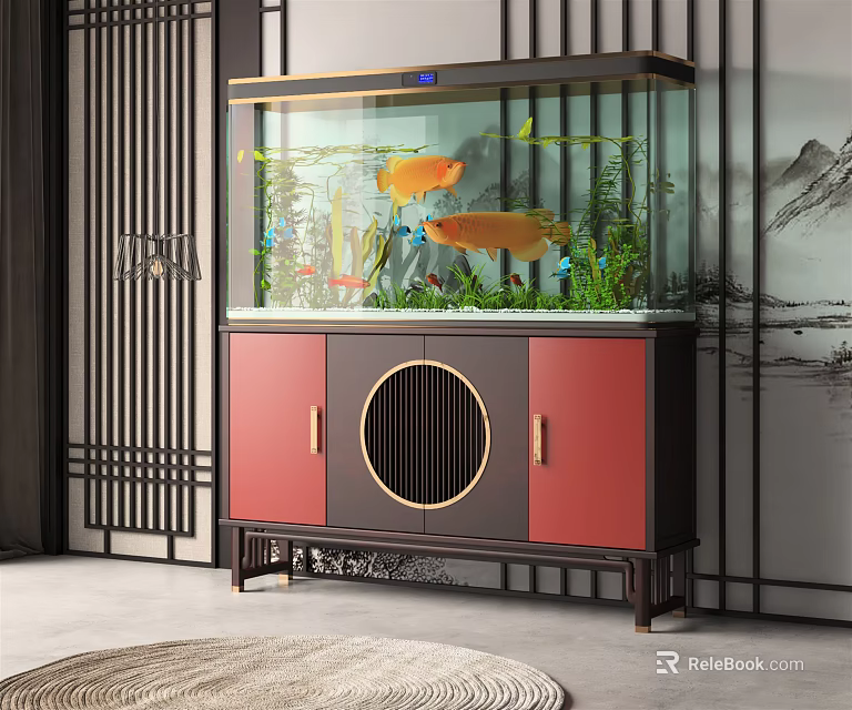 Modern Chinese Style Aquarium with Ornamental Fish and Aquatic Plants on Red Black Cabinet Stand 3d model 