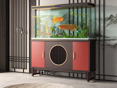 Modern Chinese Style Aquarium with Ornamental Fish and Aquatic Plants on Red Black Cabinet Stand 3d model