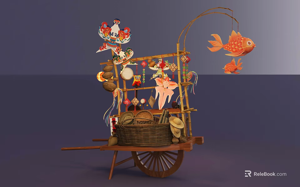 Traditional Wooden Cart Photo Spot With Colorful Fish Decor And Folk Ornaments 3d model 