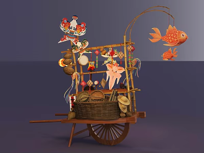 Traditional Wooden Cart Photo Spot With Colorful Fish Decor And Folk Ornaments 3d model
