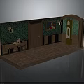 Room Model With Green Patterned Wallpaper Wooden Door Framed Painting Wall Sconces And Wooden Flooring