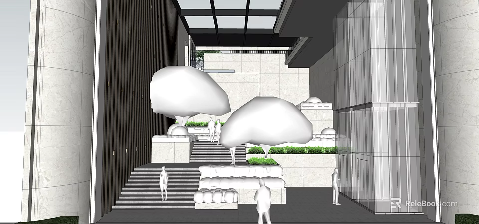 Modern Staircase in Contemporary Interior with Cloud Shaped Decor Green Plants and Lighting 3d model 