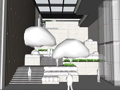 Modern Staircase in Contemporary Interior with Cloud Shaped Decor Green Plants and Lighting 3d model