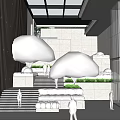 Modern Staircase in Contemporary Interior with Cloud Shaped Decor Green Plants and Lighting
