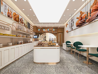 Elegant Modern Dessert Shop Interior With Pastry Displays White Counter And Green Chairs 3d model