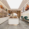 Elegant Modern Dessert Shop Interior With Pastry Displays White Counter And Green Chairs